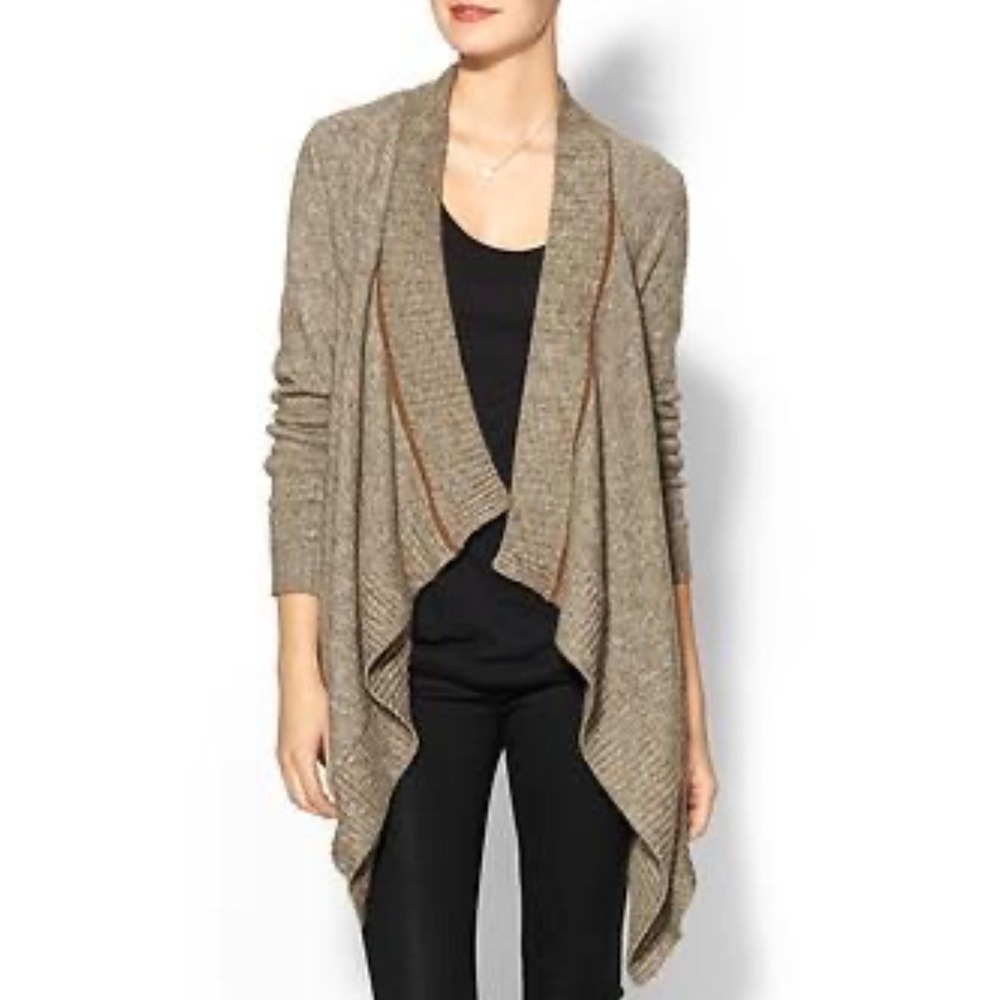LA MADE Brown Waterfall Cardigan Sweater‎ Leather Trim Wool Alpaca Blend L Lagen